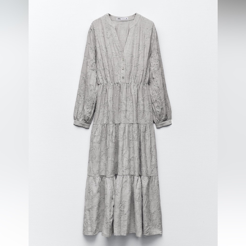 Women's Grey Tiered V-Neck Long Sleeve Dress